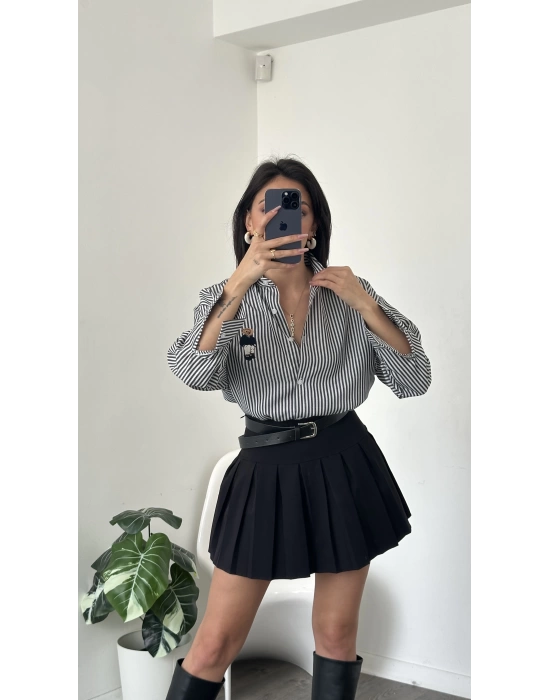 Siyah Çizgi Desen Oversize Teddy Gömlek
