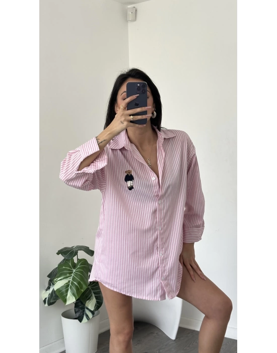 Pembe Çizgi Desen Oversize Teddy Gömlek
