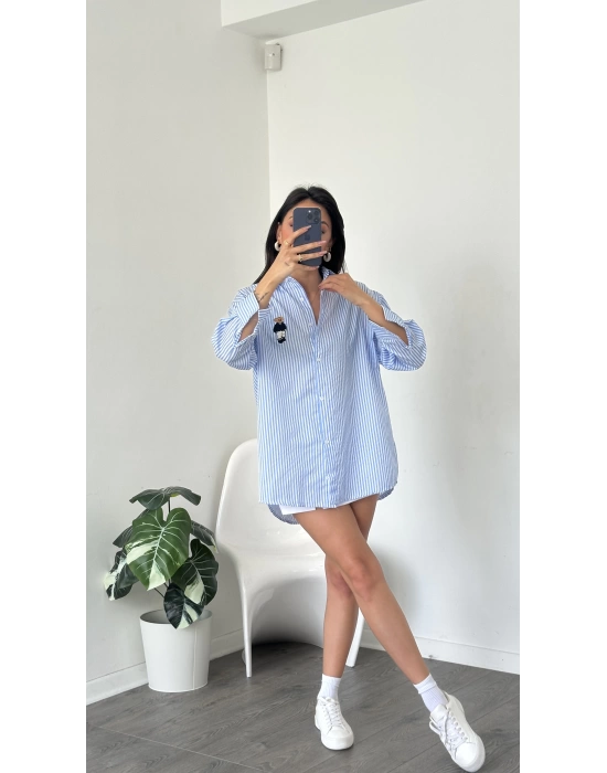 Mavi Çizgi Desen Oversize Teddy Gömlek