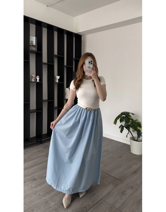 Mavi Dora Kemerli Poplin Elbise
