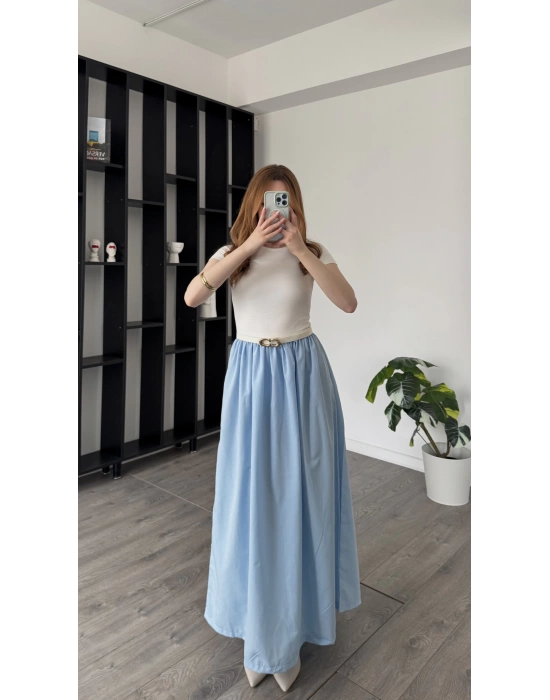 Mavi Dora Kemerli Poplin Elbise