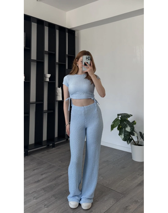 Mavi Fulia Çift Büzgülü Gofre Takım