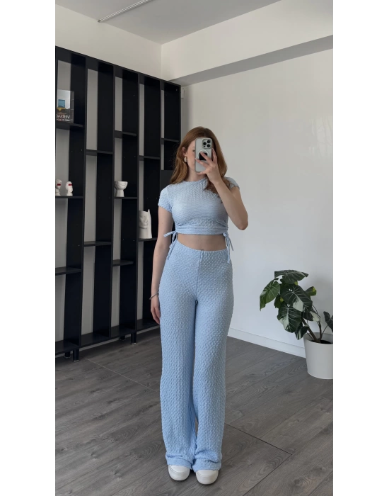 Mavi Fulia Çift Büzgülü Gofre Takım