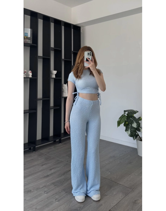 Mavi Fulia Çift Büzgülü Gofre Takım