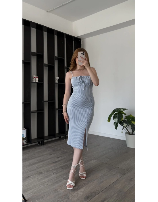 Mavi Lizy Çizgili Kalem Elbise