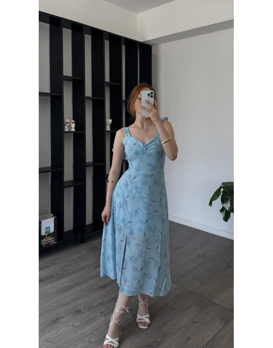 Mavi Lorena Kurdele Askılı Çiçekli Elbise