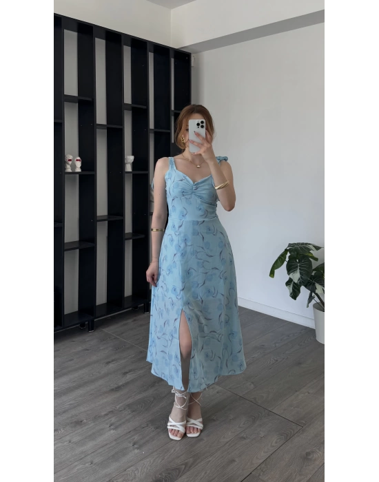 Mavi Lorena Kurdele Askılı Çiçekli Elbise