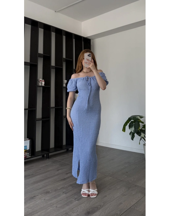 Mavi Maria Balon Kollu Gofre Elbise