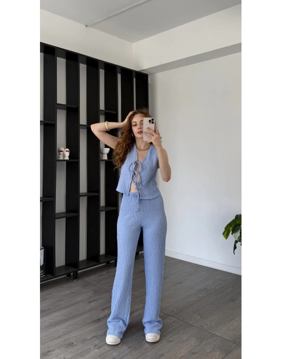 Mavi Ole Düğmeli Bürümcük Takım