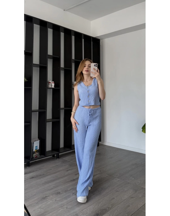 Mavi Ole Düğmeli Bürümcük Takım