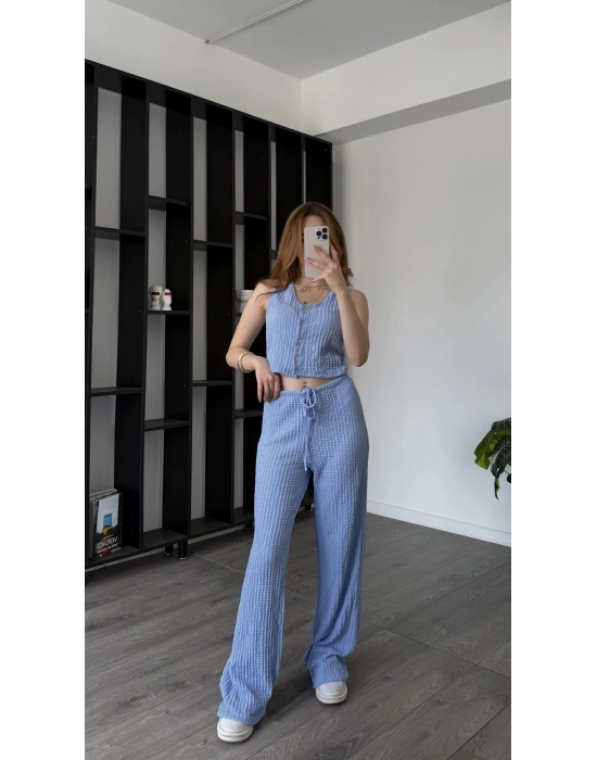 Mavi Ole Düğmeli Bürümcük Takım