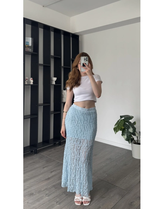 Mavi Pia Güpürlü Astarlı Etek
