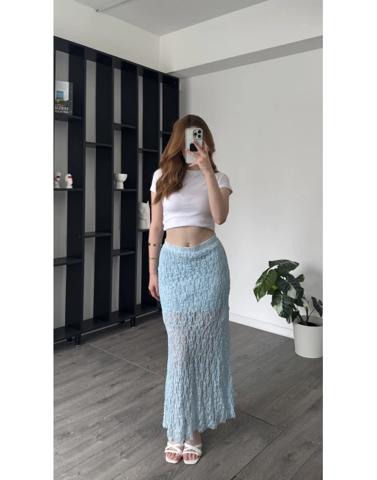 Mavi Pia Güpürlü Astarlı Etek