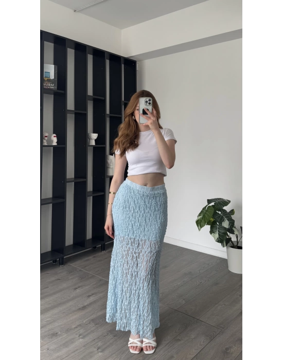 Mavi Pia Güpürlü Astarlı Etek