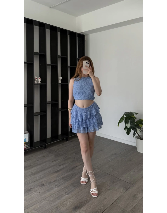 Mavi Ruby Kolsuz Bluz Etek Güpürlü Takım
