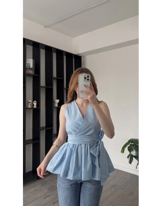 Mavi Senna Kuşaklı Volanlı Bluz