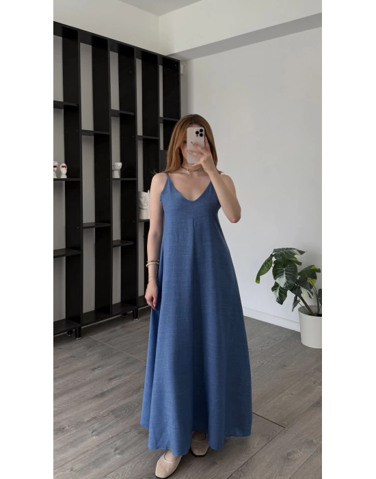 Mavi Sindy Askılı Salaş Elbise