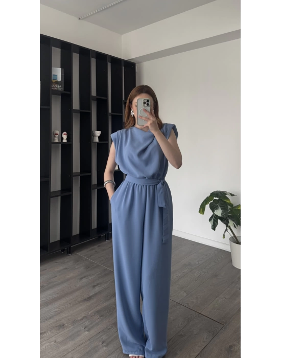 Mavi Vivi Kuşaklı Vatkalı Tulum