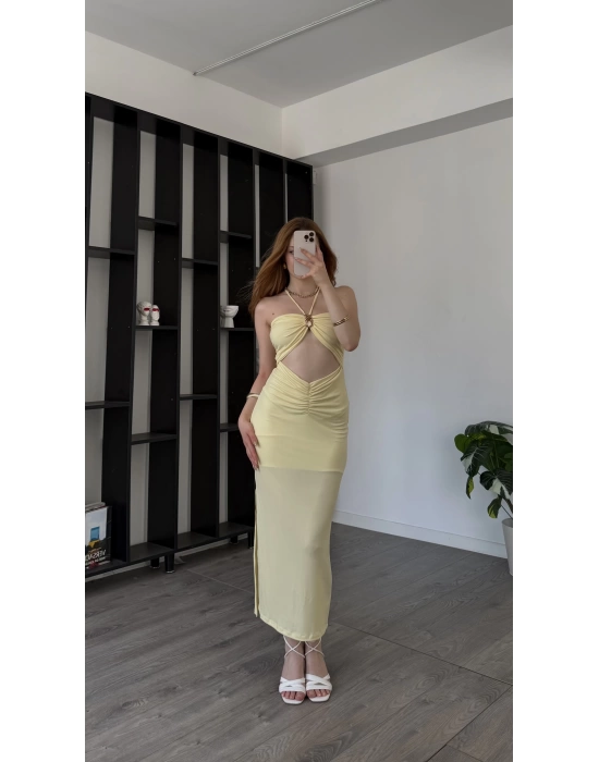 Moana Sarı Gold Broşlu Dekolteli Elbise