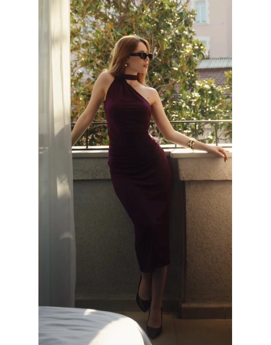 Mürdüm Tally Şal Detaylı Kalem Elbise