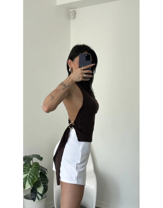 Nancy Kahve Toka Detaylı Sırtı Açık Bluz
