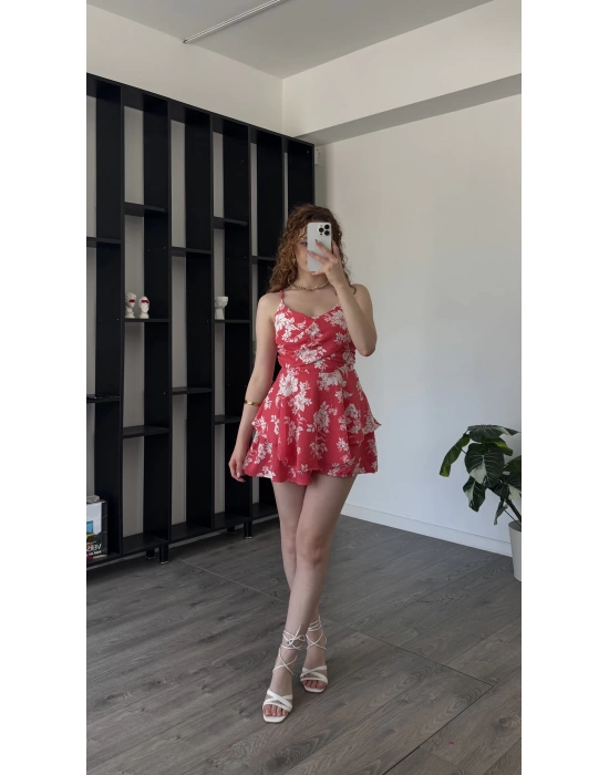 Nar Çiçeği Alisa Çiçek Desen Şortlu Tulum