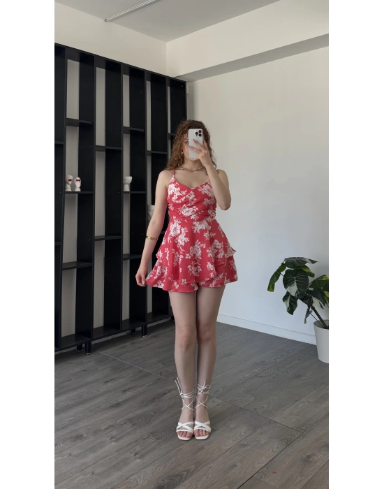 Nar Çiçeği Alisa Çiçek Desen Şortlu Tulum