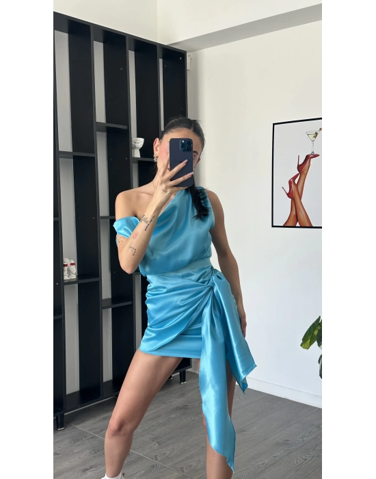 Nora Mavi Kuşak Detaylı Önden Bağlamalı Saten Elbise