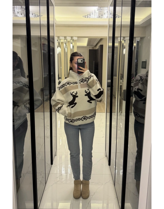Oys Marka Beyaz Geyikli Peluş Sweatshirt
