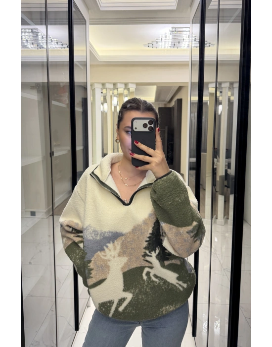 Oys Marka Yeşil Geyikli Peluş Sweatshirt