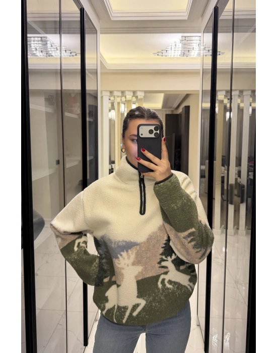 Oys Marka Yeşil Geyikli Peluş Sweatshirt