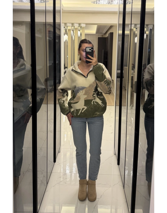 Oys Marka Yeşil Geyikli Peluş Sweatshirt