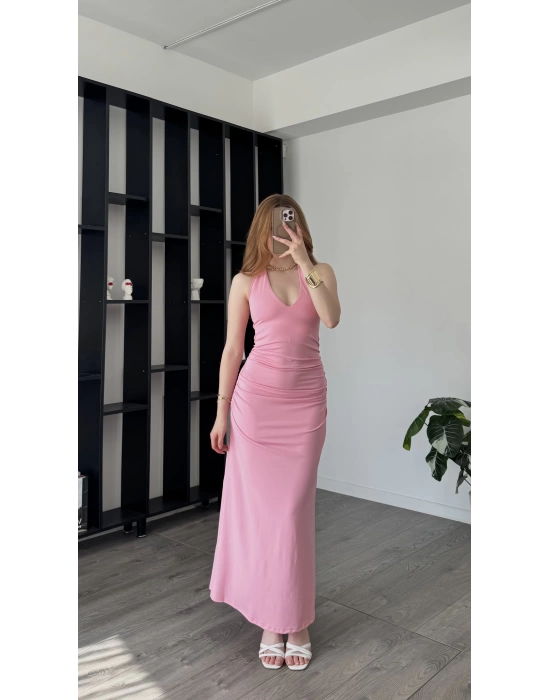 Pembe Aliz Sırt Dekolteli Elbise