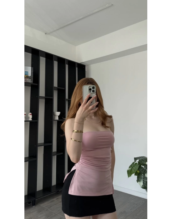 Pembe Belinda Yırtmaçlı Straplez Bluz