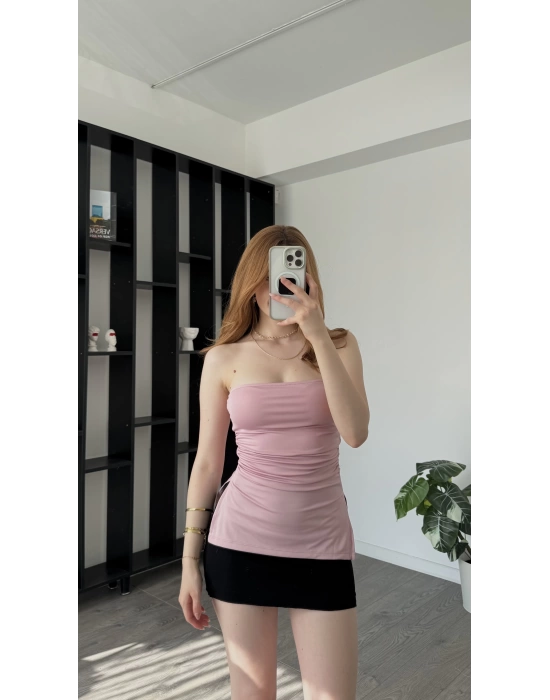 Pembe Belinda Yırtmaçlı Straplez Bluz