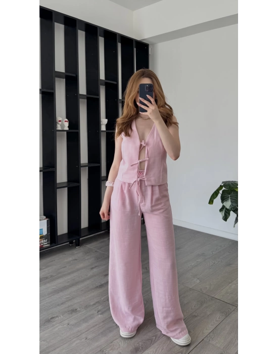 Pembe Celin Bağcıklı Keten Takım