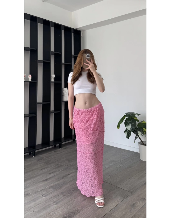 Pembe Cenny Güpürlü Astarlı Etek