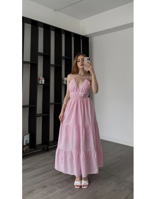 Pembe Greta Çapraz Sırt Askılı Elbise