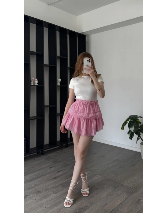 Pembe Hanna Güpürlü Katlı Şortlu Etek