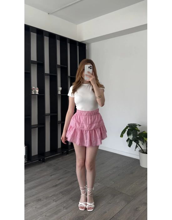 Pembe Hanna Güpürlü Katlı Şortlu Etek