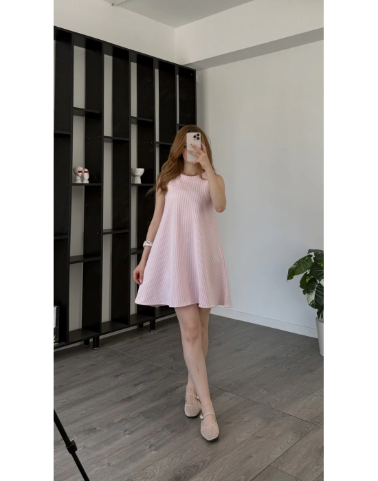 Pembe Lilou Çizgili Kloş Elbise