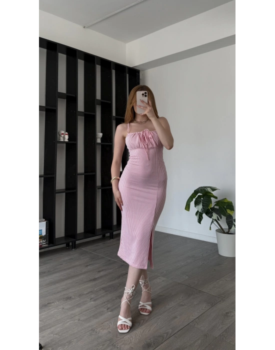Pembe Lizy Çizgili Kalem Elbise
