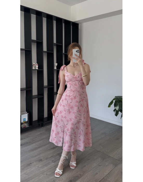 Pembe Lorena Kurdele Askılı Çiçekli Elbise