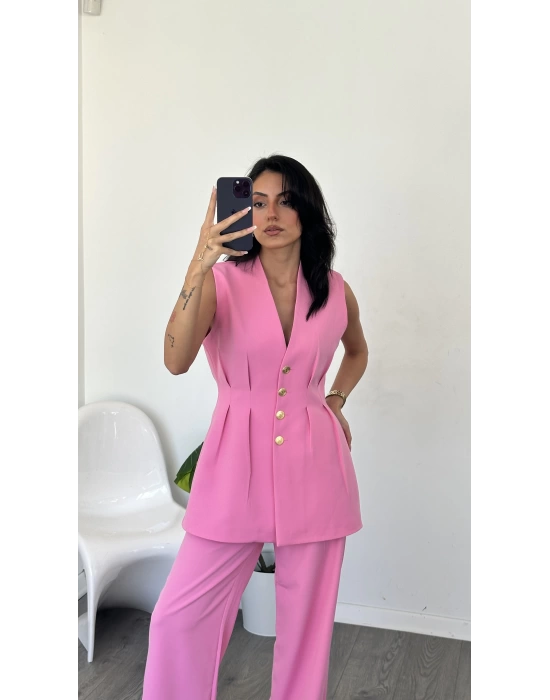 Pembe Nitsa Gold Düğme Detay Takım