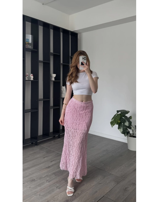 Pembe Pia Güpürlü Astarlı Etek