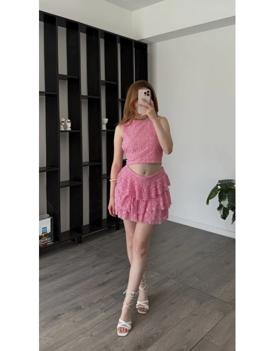 Pembe Ruby Kolsuz Bluz Etek Güpürlü Takım