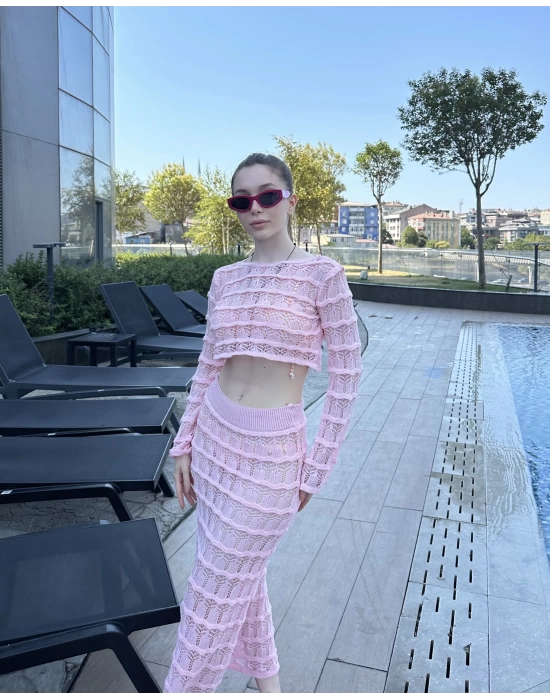 Pembe Sunny Örgü Pareo Takım