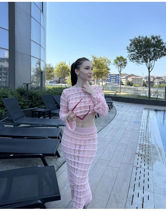 Pembe Sunny Örgü Pareo Takım