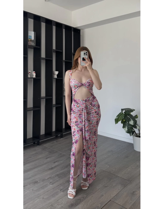 Pembe Suzy Kuplu Çiçek Desenli Elbise
