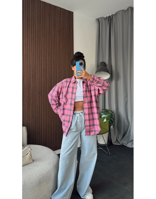 Pembe Unisex Super Oversize Kareli Oduncu Gömlek